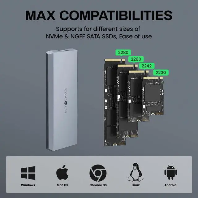 Alt view image 3 of 5 - NVME Enclosure ['Tough Guy' Quality] 10 Gbps NVME & SATA, Solid Aluminium Alloy Case for M-Key SSD, SETMSPACE Screw Fixed M.2 Enclosure with USB C/A Cable, SSD Enclosure for 2230/2242/2260/2280-Grey