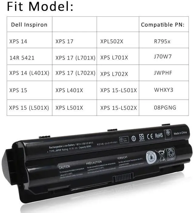 Alt view image 4 of 5 - 90Wh R795X Laptop Battery Replacement for Dell XPS 17 15 14 L701X L702x L501X L502x L401X Fit 312-1123 312-1127 453-10186 J70W7 JWPHF P09E WHXY3