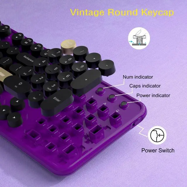 Alt view image 5 of 5 - Links9+ Wireless Keyboard and Mouse Combos, Retro Keyboard and Mouse Wireless Full Size, 2.4Ghz Connection and Optical Mouse for Windows, Mac, PC, Laptop for Home and Office (Purple-Black)