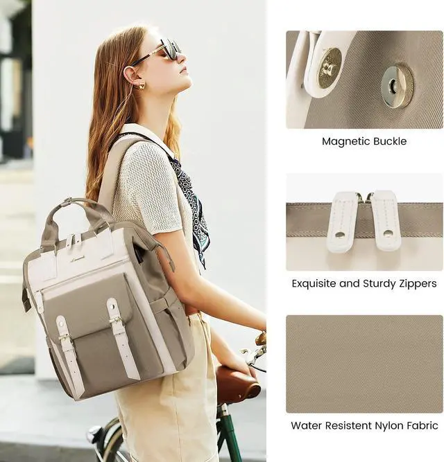 Alt view image 2 of 5 - LOVEVOOK 17 inch Laptop Backpack for Women, Teacher Nurse Work Travel Backpacks Purse,Computer Bag with USB Charging Port, Khaki Beige