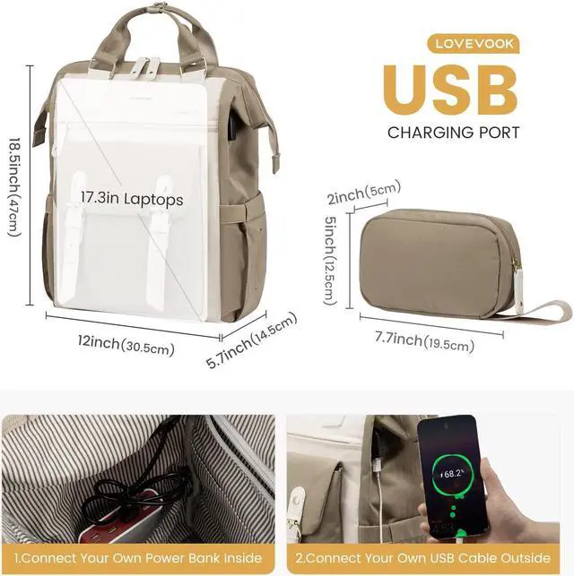 Alt view image 4 of 5 - LOVEVOOK 17 inch Laptop Backpack for Women, Teacher Nurse Work Travel Backpacks Purse,Computer Bag with USB Charging Port, Khaki Beige