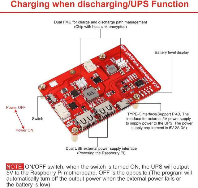 Alt view image 2 of 5 - MakerFocus Raspberry Pi 4 Battery Pack UPS, V3Plus Expansion Board with 10000mAh Battery, Type-C Interface for RPI 5 4B 3B+ 3B 2B+