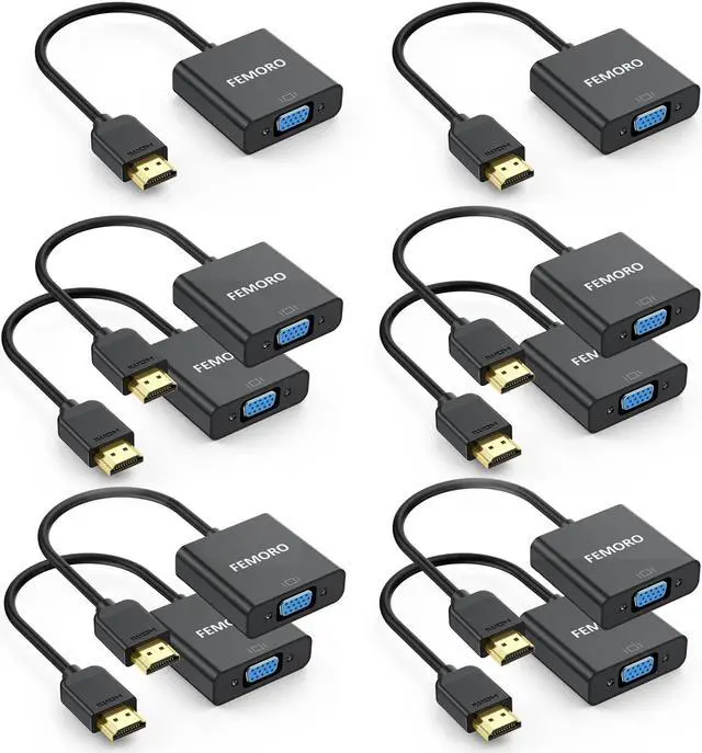 Main image of FEMORO HDMI to VGA Adapter 10 Pack, HDMI VGA Cable Converter Adapters Male to Female for Monitor PC Laptop Projector Ultrabook Raspberry Pi Graphics Card Chromebook - Black