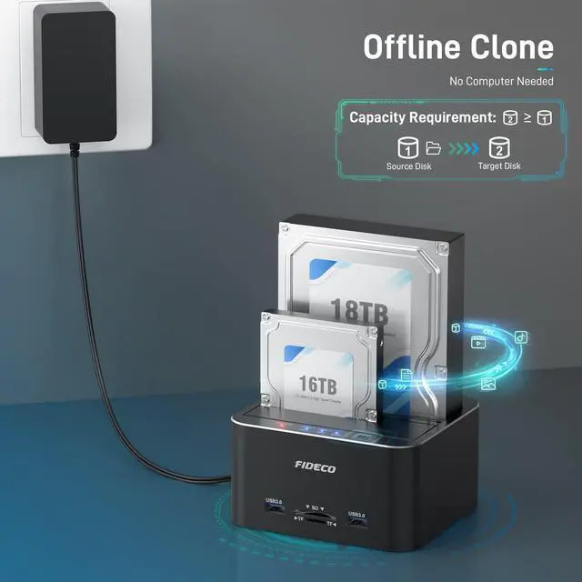 Alt view image 3 of 5 - FIDECO Hard Drive Docking Station, USB 3.0 SATA to HDD Docking Station for 2.5 & 3.5 inch SATA HDD/SSD, Dual Bay, Support Offline Clone (Aluminum and ABS)