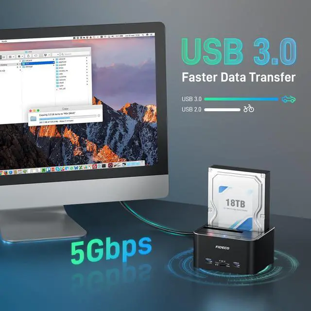 Alt view image 2 of 5 - FIDECO Hard Drive Docking Station, USB 3.0 SATA to HDD Docking Station for 2.5 & 3.5 inch SATA HDD/SSD, Dual Bay, Support Offline Clone (Aluminum and ABS)