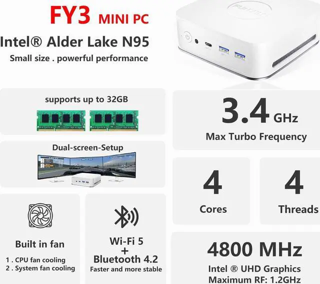 Alt view image 2 of 5 - FUNYET Mini PC Gaming PC, Desktop Computer with Intel 12th Gen Alder Lake N95(up to 3.4GHz), 16GB DDR4 RAM 1TB SSD, Supports 4K Displays, Windows 11 Pro White
