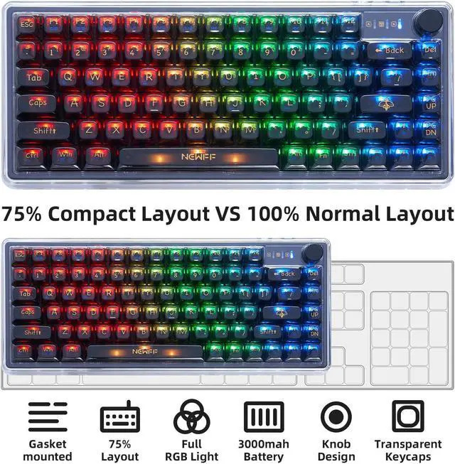 Alt view image 2 of 5 - SUEHIODHY 75% Hot Swappable Mechanical Keyboard Wireless Backlit RGB Clear K60 Keyboard with Cherry Profile Shine Through Transparent Keycaps Volume Knob for Win/Mac(Black)