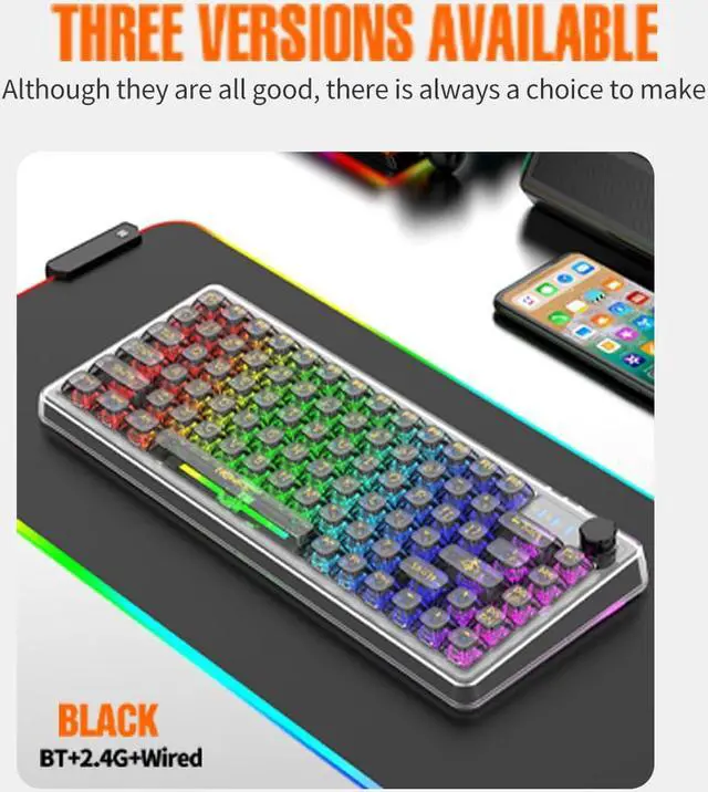 Alt view image 4 of 5 - SUEHIODHY 75% Hot Swappable Mechanical Keyboard Wireless Backlit RGB Clear K60 Keyboard with Cherry Profile Shine Through Transparent Keycaps Volume Knob for Win/Mac(Black)