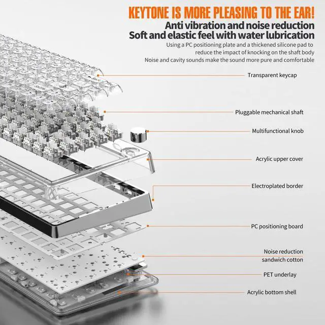 Alt view image 5 of 5 - SUEHIODHY 75% Hot Swappable Mechanical Keyboard Wireless Backlit RGB Clear K60 Keyboard with Cherry Profile Shine Through Transparent Keycaps Volume Knob for Win/Mac(Black)