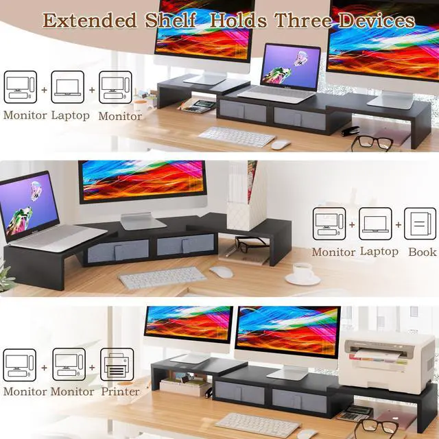 Alt view image 2 of 5 - TEAMIX Wood Dual Monitor Stand Riser with Drawers-Length and Angle Adjustable Triple Monitor Stand with Storage Large Computer Riser for 2/3 Monitors/Laptops/PC/Printers