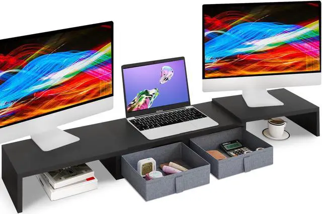 Main image of TEAMIX Wood Dual Monitor Stand Riser with Drawers-Length and Angle Adjustable Triple Monitor Stand with Storage Large Computer Riser for 2/3 Monitors/Laptops/PC/Printers