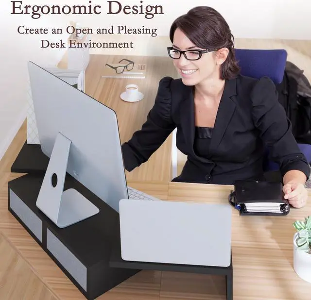 Alt view image 3 of 5 - TEAMIX Wood Dual Monitor Stand Riser with Drawers-Length and Angle Adjustable Triple Monitor Stand with Storage Large Computer Riser for 2/3 Monitors/Laptops/PC/Printers