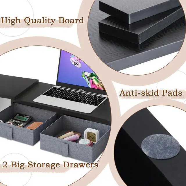Alt view image 5 of 5 - TEAMIX Wood Dual Monitor Stand Riser with Drawers-Length and Angle Adjustable Triple Monitor Stand with Storage Large Computer Riser for 2/3 Monitors/Laptops/PC/Printers