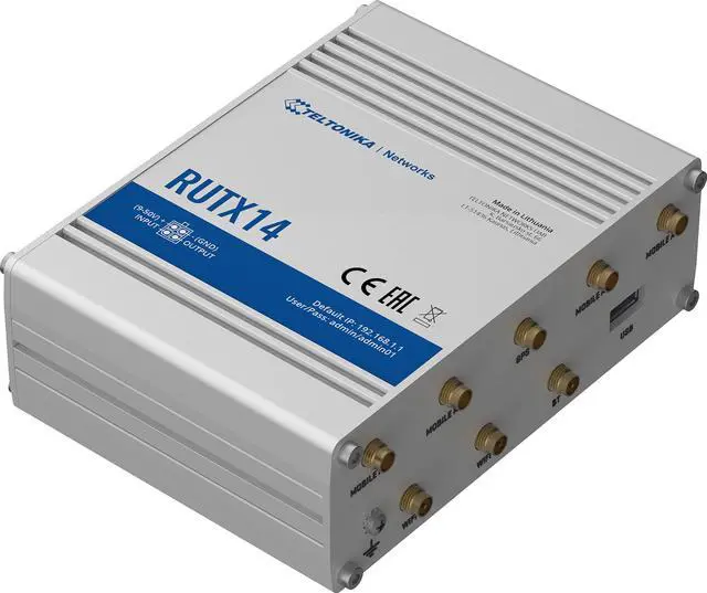 Alt view image 2 of 5 - Teltonika RUTX14000000 Model RUTX14 LTE Dual-sim Industrial Cellular Router; for Europe, The Middle East, Africa, APAC, Brasil, Australia Operators Only; Ethernet, Wi-Fi, Bluetooth and USB Interfaces