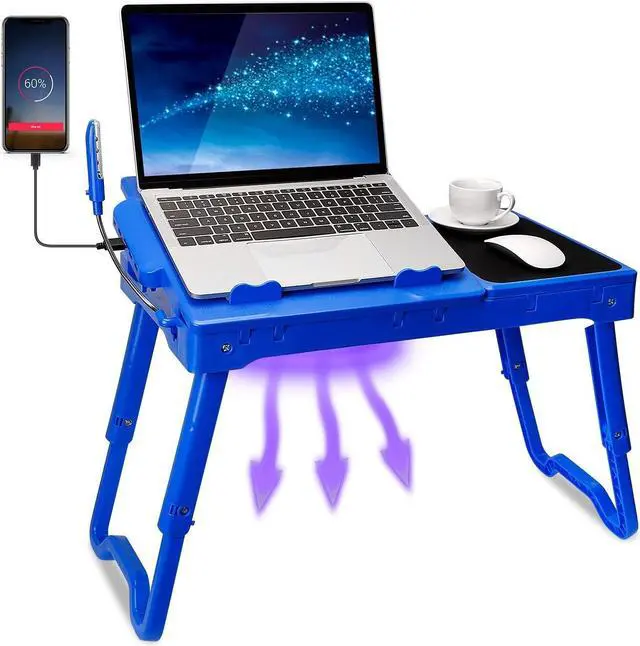 Main image of TeqHome Laptop Table for Bed, Adjustable Laptop Bed Desk with Fan, 4 USB Ports, Portable Lap Desk with Foldable Legs, Laptop Stand for Couch Sofa Bed Tray with LED Light, Storage, Mouse Pad - Blue