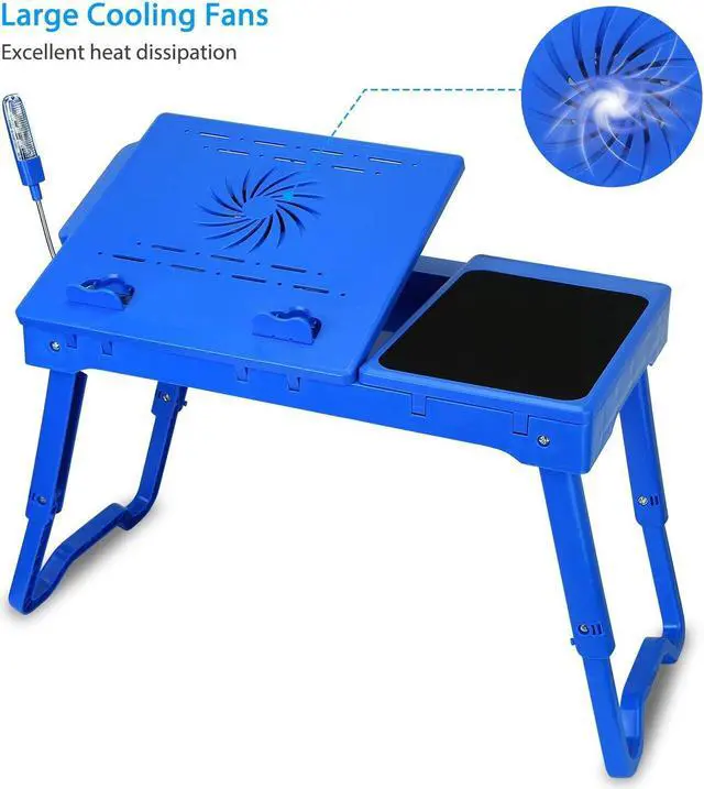 Alt view image 2 of 5 - TeqHome Laptop Table for Bed, Adjustable Laptop Bed Desk with Fan, 4 USB Ports, Portable Lap Desk with Foldable Legs, Laptop Stand for Couch Sofa Bed Tray with LED Light, Storage, Mouse Pad - Blue