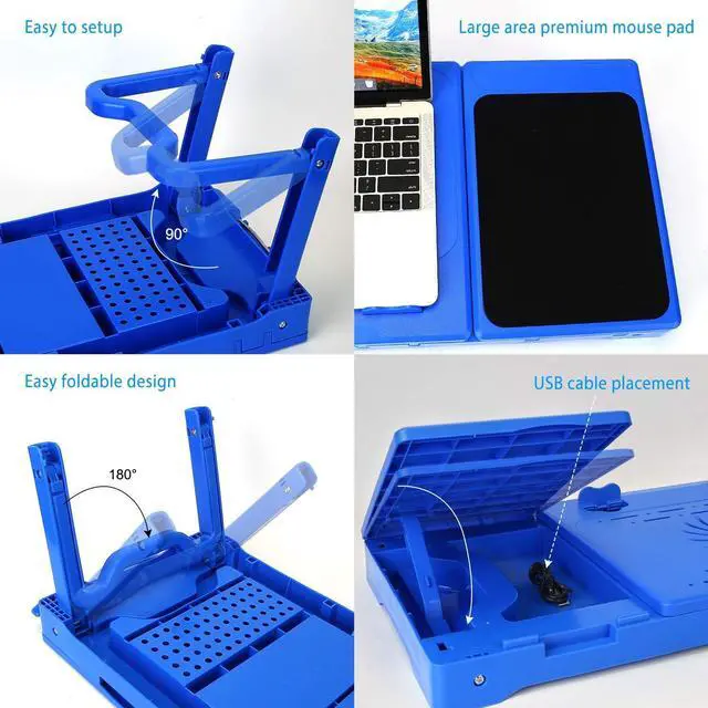 Alt view image 4 of 5 - TeqHome Laptop Table for Bed, Adjustable Laptop Bed Desk with Fan, 4 USB Ports, Portable Lap Desk with Foldable Legs, Laptop Stand for Couch Sofa Bed Tray with LED Light, Storage, Mouse Pad - Blue