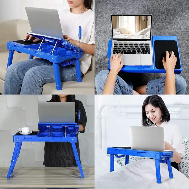 Alt view image 5 of 5 - TeqHome Laptop Table for Bed, Adjustable Laptop Bed Desk with Fan, 4 USB Ports, Portable Lap Desk with Foldable Legs, Laptop Stand for Couch Sofa Bed Tray with LED Light, Storage, Mouse Pad - Blue