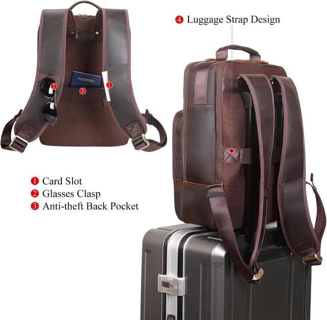 Alt view image 2 of 5 - TIDING Full Grain Leather Backpack for Men, Vintage 15.6 Inch Laptop Bag Casual Bookbag Work Business Daypacks