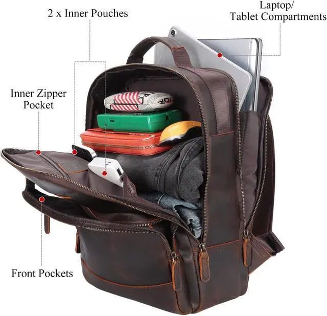 Alt view image 4 of 5 - TIDING Full Grain Leather Backpack for Men, Vintage 15.6 Inch Laptop Bag Casual Bookbag Work Business Daypacks