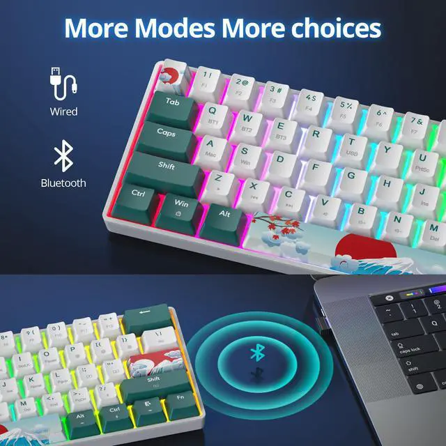 Alt view image 2 of 5 - surmen Wireless Keyboard 60% Gaming Keyboard 60 Percent, Hot Swappable RGB Mini Bluetooth BT5.0/USB-C Mechanical Keyboard with Software for Windows Mac Laptop (Gateron Red, Green 61)