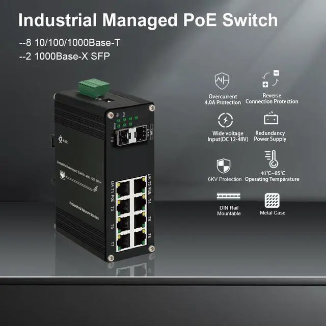 Alt view image 4 of 5 - Industrial Gigabit Managed PoE Switch - 8 Ports 10/100/1000Mbps Web Management DIN Rail PoE Switch with 2 SFP Slots, Network PoE Switch Support Ring Network, VLAN, STP/RSTP