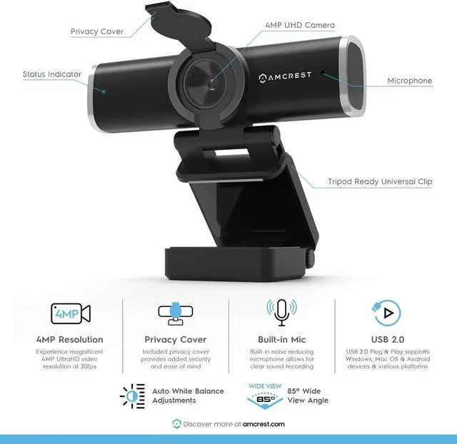 Alt view image 2 of 5 - Amcrest 4-Megapixel Webcam w/Microphone & Privacy Cover, Web Cam USB Camera, Computer HD Streaming Webcam for PC Desktop & Laptop w/Mic, Wide Angle Lens & Large Sensor for Superior Low Light (AWC496)