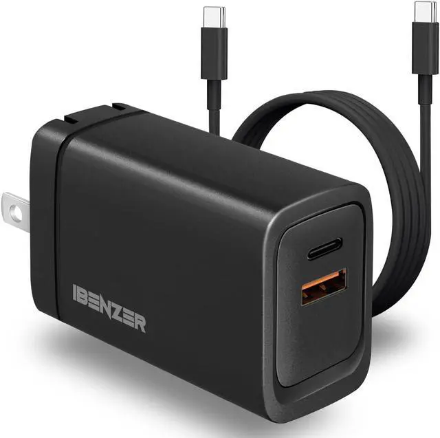 Main image of iBenzer USB C Charger 65w PD 3.0, 2-Port Foldable Travel Wall Charger with 3FT USB-C Fast Charging Cord for iPhone 14/13/12, MacBook Pro/Air, iPad Pro, Switch, Galaxy S23/S22, Dell XPS 13, Steam Deck