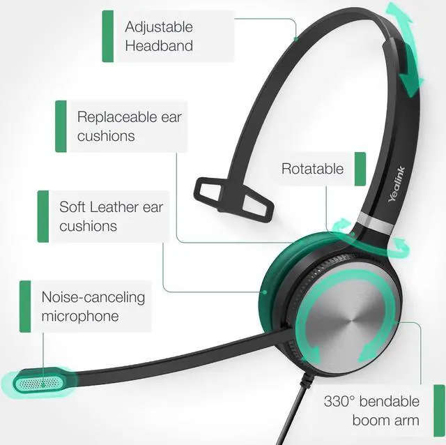 Alt view image 5 of 5 - Yealink UH36 Professional USB Headset Wired Headphones for Work Calls and Music, Headset with Noise Cancelling Mic for Computer PC LaptopUC Compatible, Mono,3.5mm Jack/USB Connection