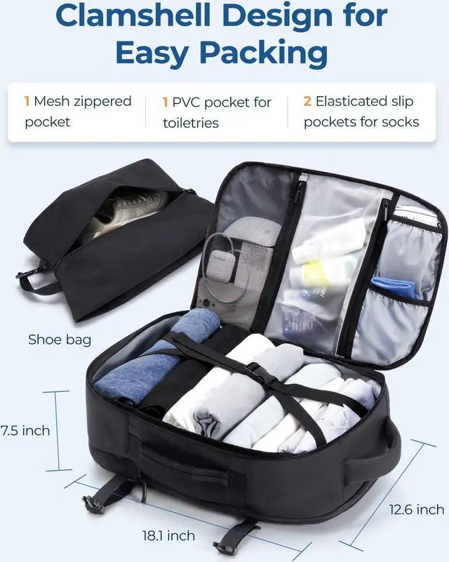 Alt view image 3 of 5 - BAGSMART Travel Backpack for Women Men, 40L Flight Approved Carry on Backpack with Shoe Bag, TSA Large Personal Item Backpack with 17 Inch Laptop Compartment, Weekender Suitcase for Travel, Black