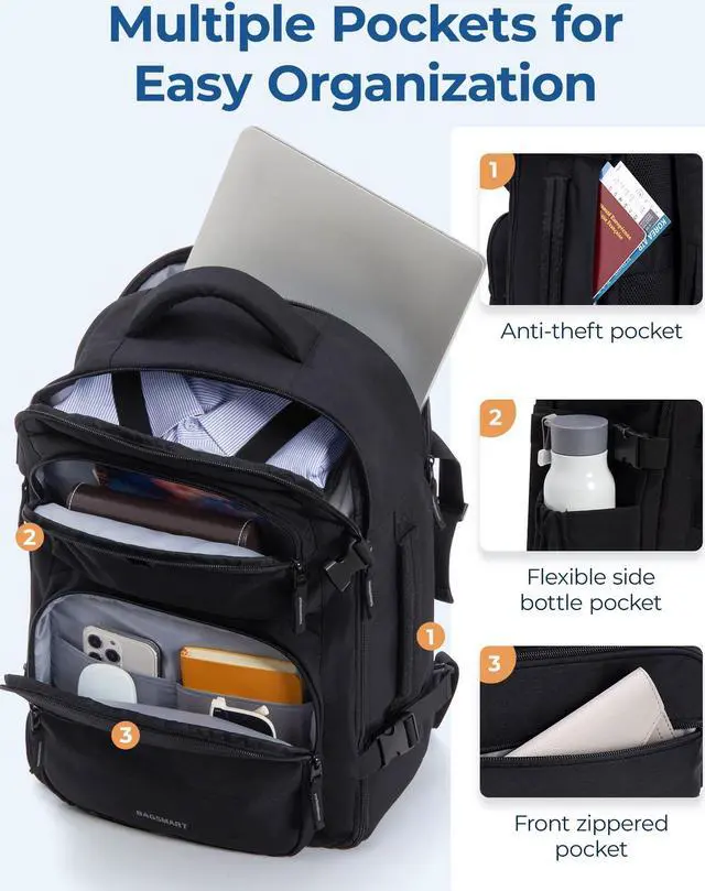 Alt view image 2 of 5 - BAGSMART Travel Backpack for Women Men, 40L Flight Approved Carry on Backpack with Shoe Bag, TSA Large Personal Item Backpack with 17 Inch Laptop Compartment, Weekender Suitcase for Travel, Black