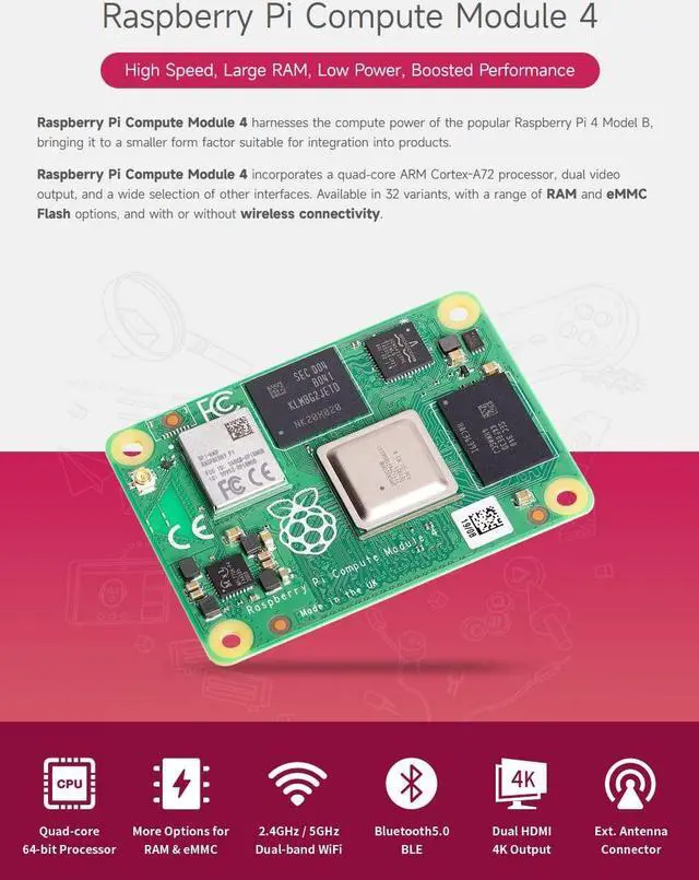 Alt view image 3 of 5 - Waveshare Pi Compute Module 4 Comes with an Official Raspberry Pi CM4101032 (with Wireless, 1GB RAM, 32GB eMMC Flash), an Antenna Kit and a HEATSINK(3 Items)