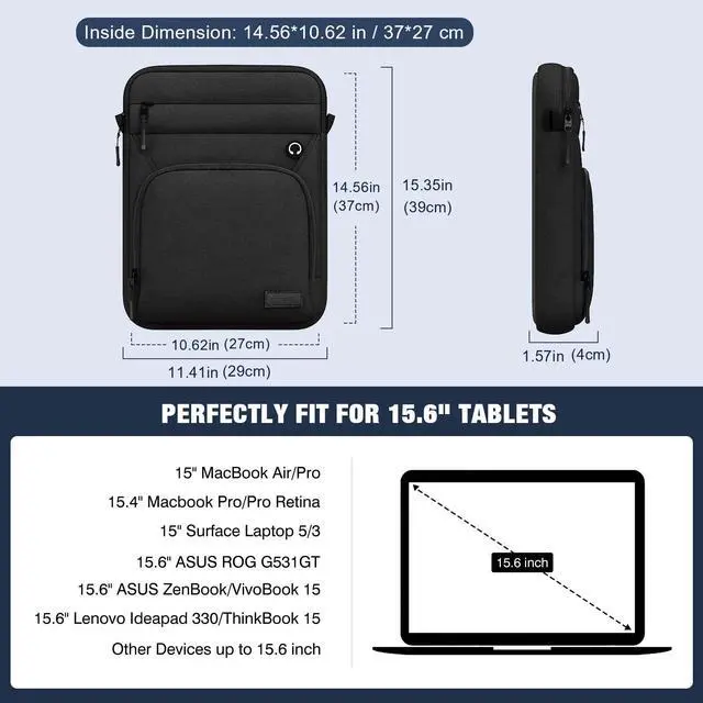 Alt view image 2 of 5 - MoKo 15.6 Inch Laptop Sleeve Bag, Fits 15.3" MacBook Air M2/M3, 15.4" MacBook Pro/Pro Retina, 15" Surface Laptop 5/3, 15.6" ASUS ROG G531GT,Multifunctional Bag with Shoulder and Headphone Port,Black