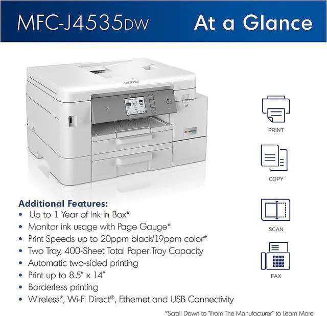 Alt view image 3 of 5 - Brother MFC-J4535DW INKvestment Tank All-in-One Wireless Color Inkjet Printer - Print Copy Scan Fax - 20 ppm, 20-Sheet ADF, 2.7" Touchscreen Display, 4800 x 1200 dpi, Auto 2-Sided Printing, Tillsiy