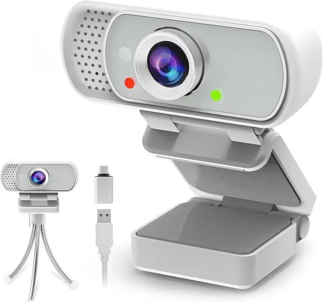 Main image of Webcam with Tripod Privacy Shutter: 1080P FHD Web Camera with Mic, Plug & Play USB A USB C Webcam with Stand, White Wide Angle Noise-Canceling Microphone Compact Web Cam for Online Meeting Classes