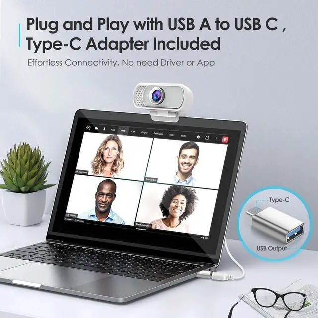 Alt view image 3 of 5 - Webcam with Tripod Privacy Shutter: 1080P FHD Web Camera with Mic, Plug & Play USB A USB C Webcam with Stand, White Wide Angle Noise-Canceling Microphone Compact Web Cam for Online Meeting Classes