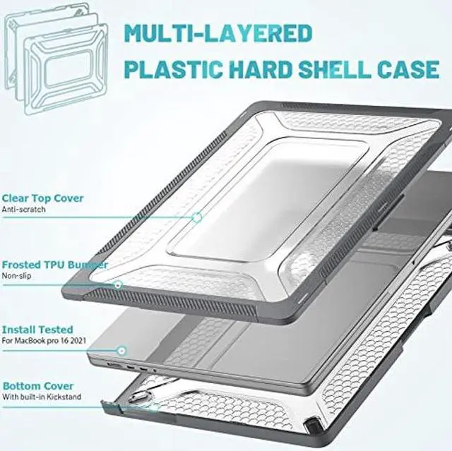 Alt view image 2 of 5 - Batianda Shockproof Case for New M4 MacBook Pro 16 inch 2024 2023 2021 M3 M2 Pro Max Chip,Honeycomb Surface Design Durable Protective Hard Shell with TPU Bumper and Fold Stand & Keyboard Cover, Grey