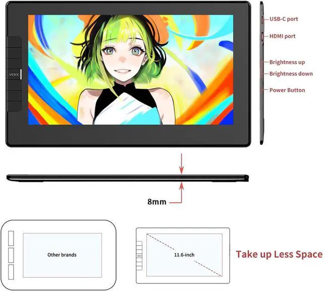 Alt view image 4 of 5 - VEIKK VK1200 11.6 inch Drawing Tablet with Screen, 8192 Levels Pressure Battery-Free Pen, Tilt Function, 6 Shortcut Keys, for Artists, Students, and Beginners