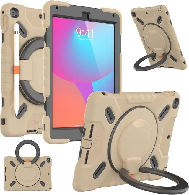 Main image of PEPKOO Triple Shockproof Case for iPad 5th/6th Generation 9.7 inch 2017 2018, iPad Air 2 Gen, Heavy Duty Kid Boy Girl Cover with Pencil Holder/Handle Kickstand/Shoulder Strap, Camel