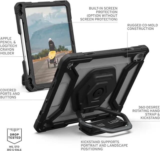 Alt view image 3 of 5 - URBAN ARMOR GEAR UAG Designed for iPad 11" A16 11th Gen 2025, 10.9" 10th Gen 2022 Case w/Built-in Screen Protector A3354 A3355 Rugged Protective Cover w/Kickstand & Hand Strap, Plasma Ice/Black