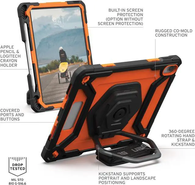 Alt view image 3 of 5 - URBAN ARMOR GEAR UAG Designed for iPad 10.9" 10th Gen 2022 Case w/Built-in Screen Protector, Kickstand, Hand Strap Rugged Transparent Clear Military Grade Protective Cover Plasma Orange/Black