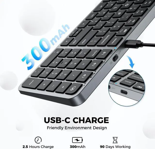 Alt view image 3 of 5 - iClever BK20 Bluetooth Keyboard, with Numeric Keypad, Multi-Device Rechargeable and Stable Connection Compact Size Wireless Keyboard for MacBook, Laptop, iPad, Tablet, Windows