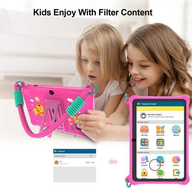 Alt view image 5 of 5 - PRITOM Lanyard Kids Tablet 7 inch, 32GB Toddler Tablet Android 13 with WiFi, Dual Camera, Education, Games, Kids Software Pre-Installed, Parental Control, Pink