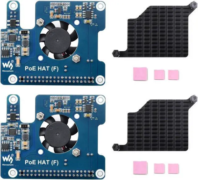 Main image of 2PCS Waveshare PoE HAT (F) Compatible with Raspberry Pi 5, High Power, Onboard Cooling Fan, with Metal Heatsink, Supports 802.3af/at Network Standard