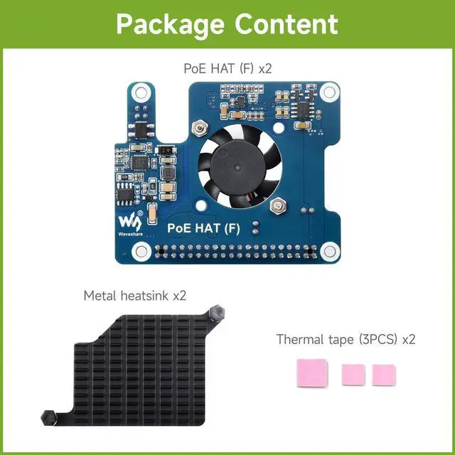 Alt view image 2 of 5 - 2PCS Waveshare PoE HAT (F) Compatible with Raspberry Pi 5, High Power, Onboard Cooling Fan, with Metal Heatsink, Supports 802.3af/at Network Standard