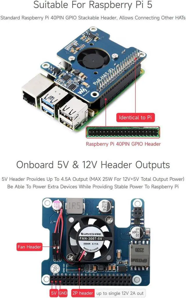 Alt view image 5 of 5 - 2PCS Waveshare PoE HAT (F) Compatible with Raspberry Pi 5, High Power, Onboard Cooling Fan, with Metal Heatsink, Supports 802.3af/at Network Standard