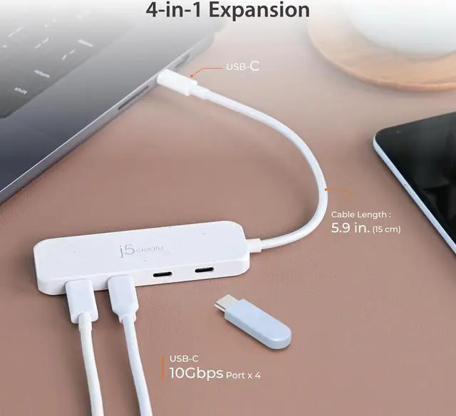 Alt view image 4 of 5 - j5create 4-in-1 USB-C to 4-Port 10Gbps Type-C Hub, Eco-Friendly, Compatible with MacBook Pro, MacBook Air, iPad, Mac mini, Windows Laptop, and More(JCH345EW)