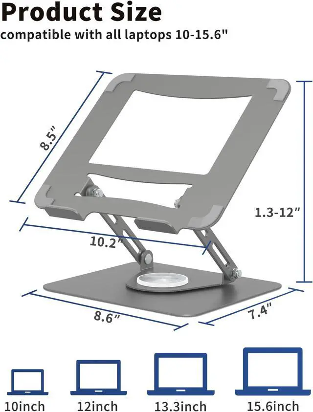 Alt view image 2 of 5 - ALASHI Laptop Stand for Desk with 360° Rotating Base, Multi-Angle Adjustable Laptop Stands, Foldable Laptop Riser Compatible with 10 to 15.6 Inches PC Computer, Grey
