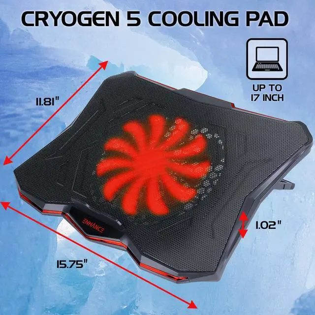 Alt view image 3 of 5 - ENHANCE Cryogen 5 Gaming Laptop Cooling Pad Stand - Laptop Cooler with 7 Adjustable Height Settings & Dual USB Ports up to 17 inches - 1 Ultra Quiet High Performance LED Fan 800 RPM - Red