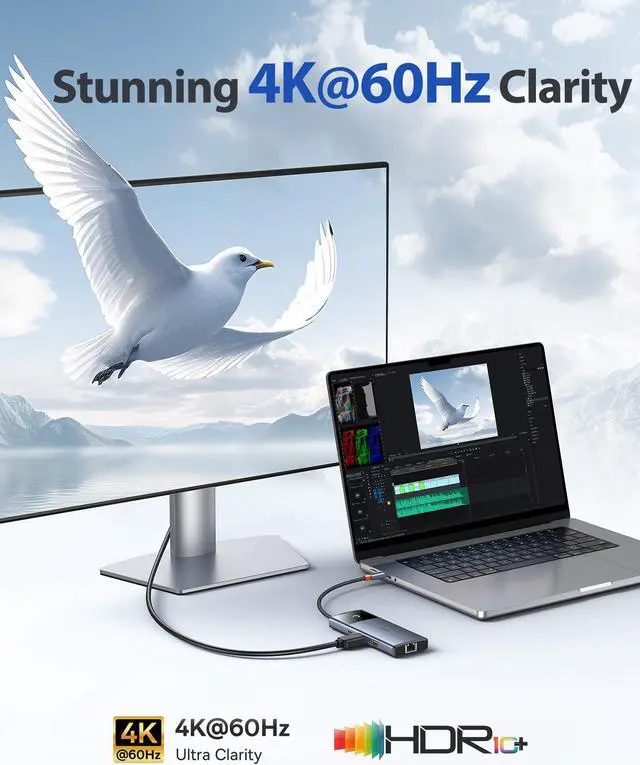 Alt view image 2 of 5 - Baseus 10Gbps USB C Hub, 3 USB A/C Data Ports, 4K@60Hz HDMI, Gigabit Ethernet, 100W PD, 6 in 1 USB C Docking Station Compatible for iPhone 15/Dell/HP/Mac/iPad/Microsoft/Steam Deck
